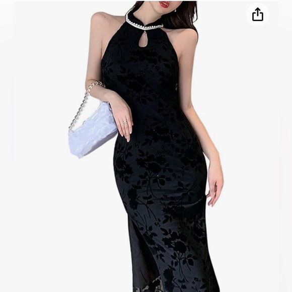 Pearl Collar Sleeveless Improved Cheongsam Mid-Length Slim Flocking Dress - Picture 2 of 9